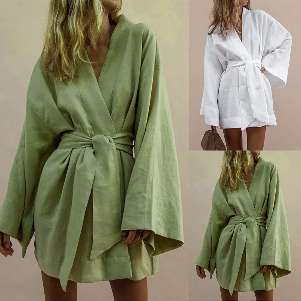 Женское легкое мягкое платье Кардиган с длинным рукавом однотонное хлопковое