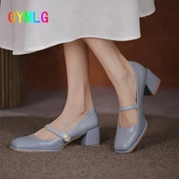 2021 new square toe pearl mary jane shoes thick heel white fairy shoes gentle and sweet retro mid heel casual shoes women