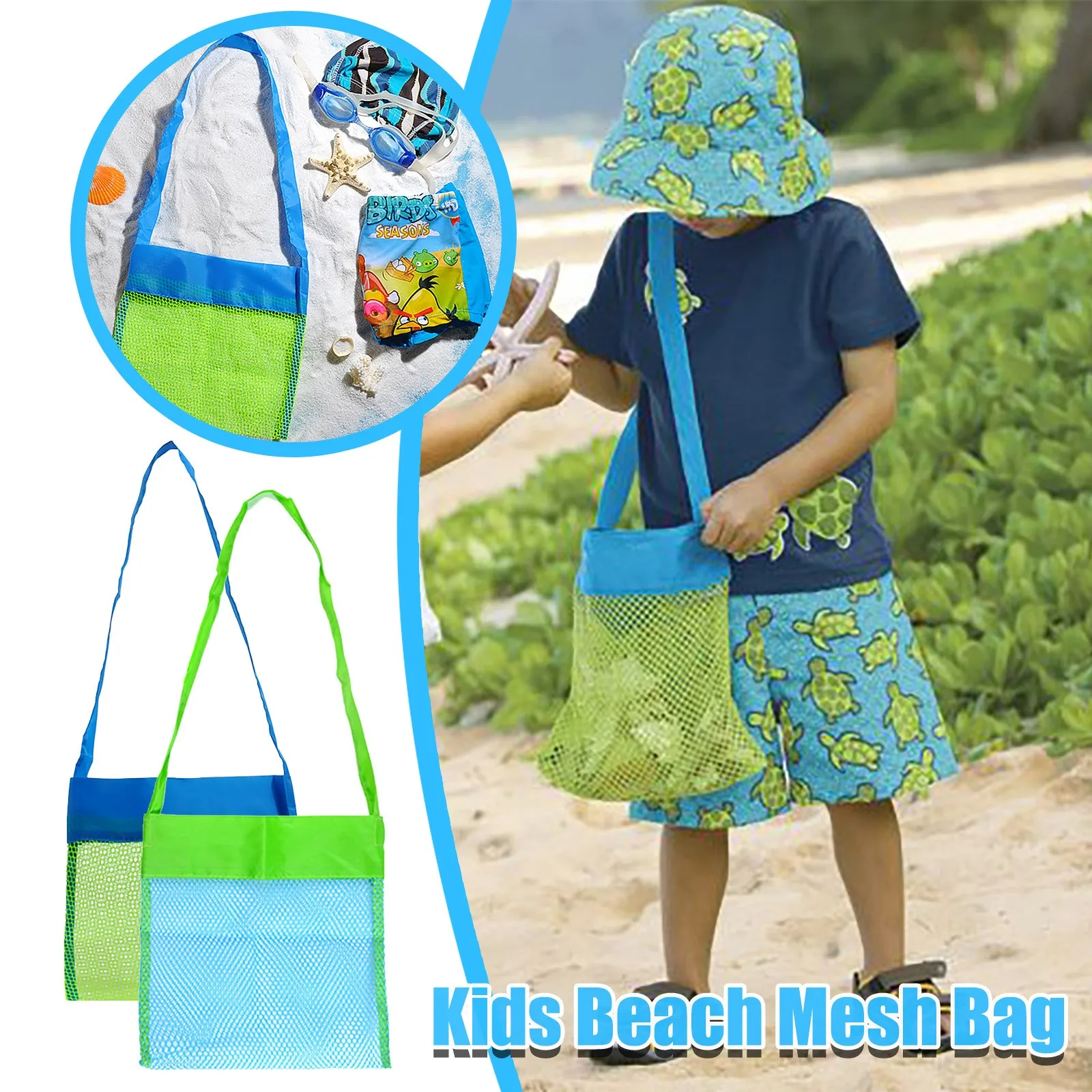 

Mesh Beach Bag Tote Backpack Toys Towels Sand Away Kids Market Grocery Picnic Foldable Storage Seashell Clothes Toys Carry Away