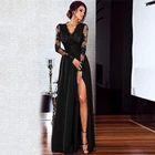 Черное кружевное платье для женщин, сексуальное длинное платье с глубоким V-образным вырезом и длинным рукавом, с разрезом по бокам, приталенное, потрясающее платье для вечеринки, 3XL, выпускное платье для дам
