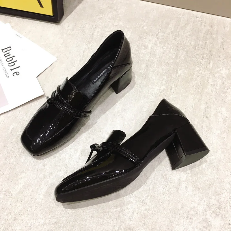 

2021 Gold Heels Dress Shoes Woman Office Ladies All-Match Chunky Sandals Branded Pumps Shallow Mouth Footwear Square Toe Slip O