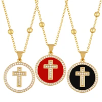 fashion gold plated round cross pattern necklace for women white zirconia circle coin enamel pendant choker cz christian jewelry