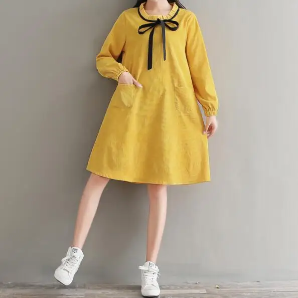 Mori girl robe Femme 2019 вельветовые платья женское свободное винтажное платье с бантом и