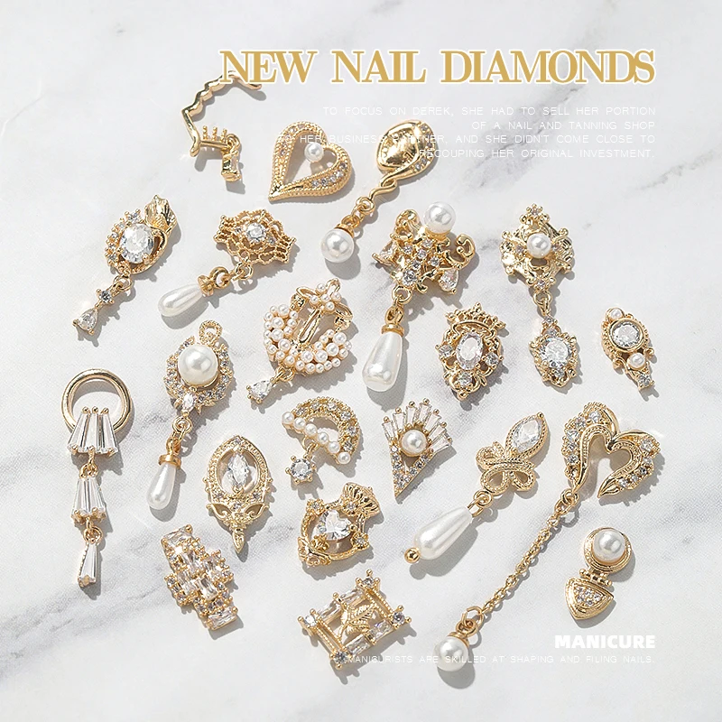 

2Pieces 3D metal Zircon Nail Art Jewelry Japanese Nail dDecorations Top Quality crystal Manicure Pearl Pendant Diamond charms
