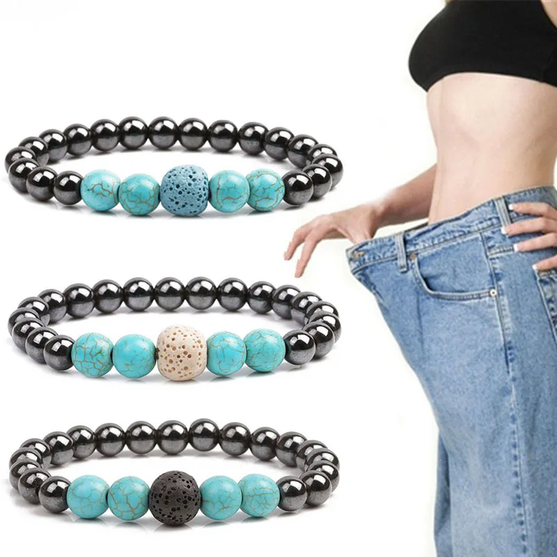 

Health Care Weight Loss Stone Magnetic Therapy Slimming Bracelets Magnetic Hematite Stretch Beaded Bracelets For Men Women