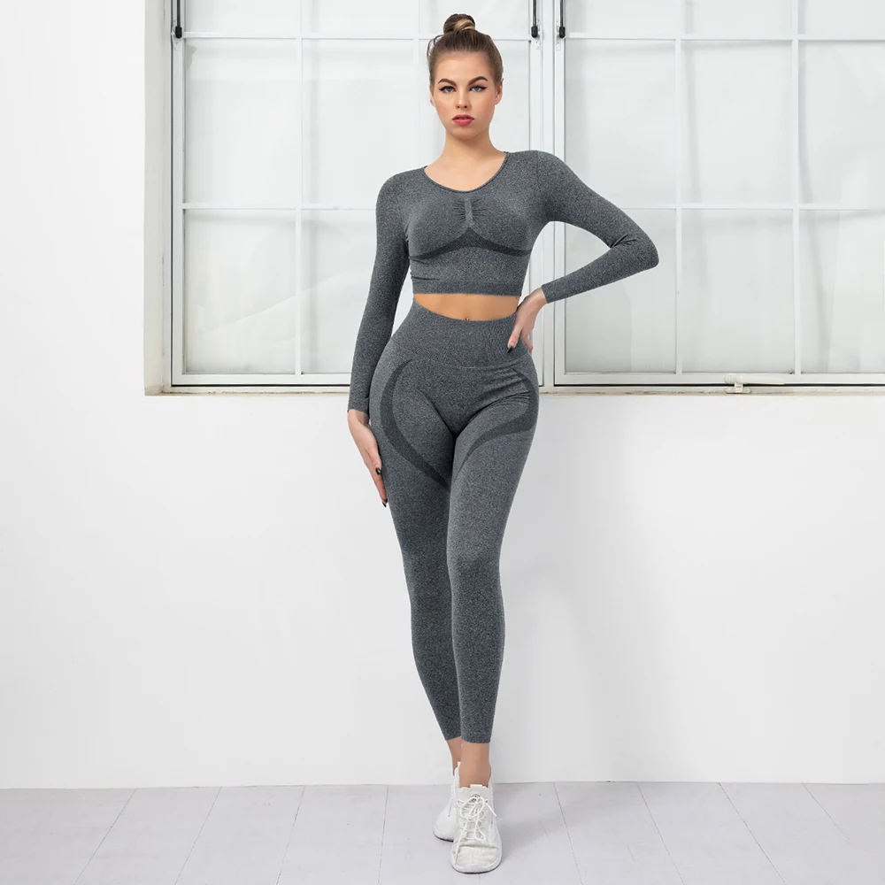 

Seamless Two Piece Yoga Set Women Sports Suit Workout Sportswear Fitness OutfitsLong Sleeve Top Leggings Tights Gym Clothing