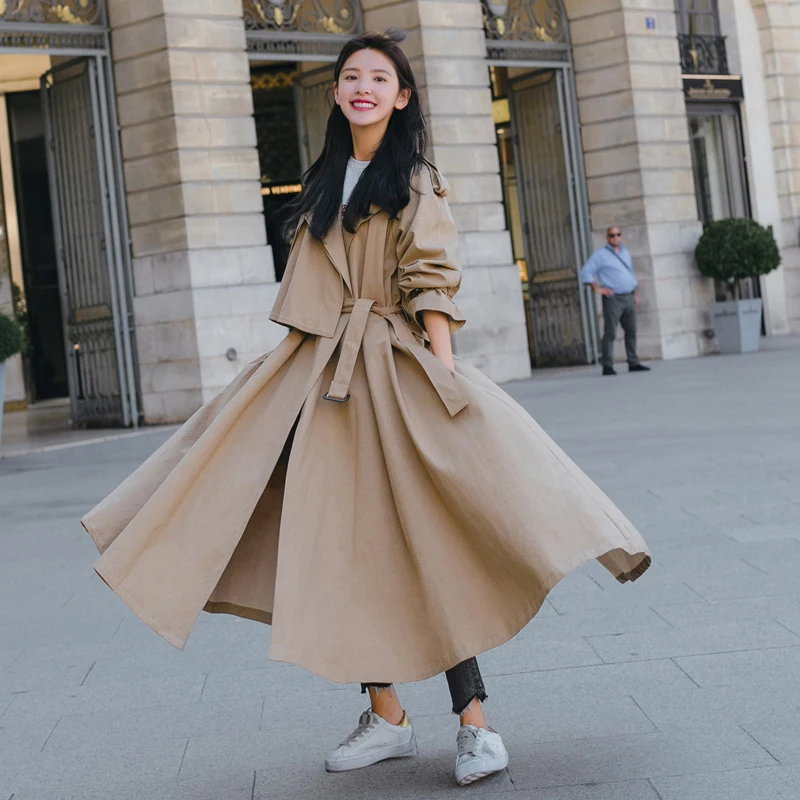 

Fashion Korean Style Women Trench Coat with Belt Office Lady Duster Coat Loose Cloak X-Long Outerwear Clothes Spring Autumn