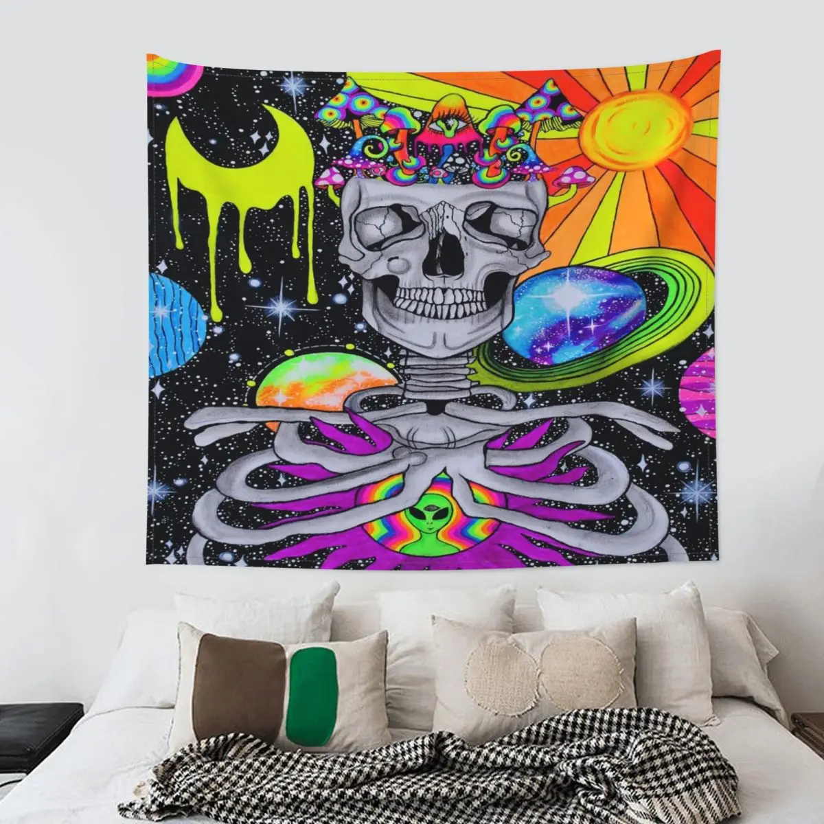 

Tippy Mushroom Head Skeleton Outerspace Tapestry Bohemian Wall Hanging Cool Room Decoration Background Cloth Art Wall Tapestry