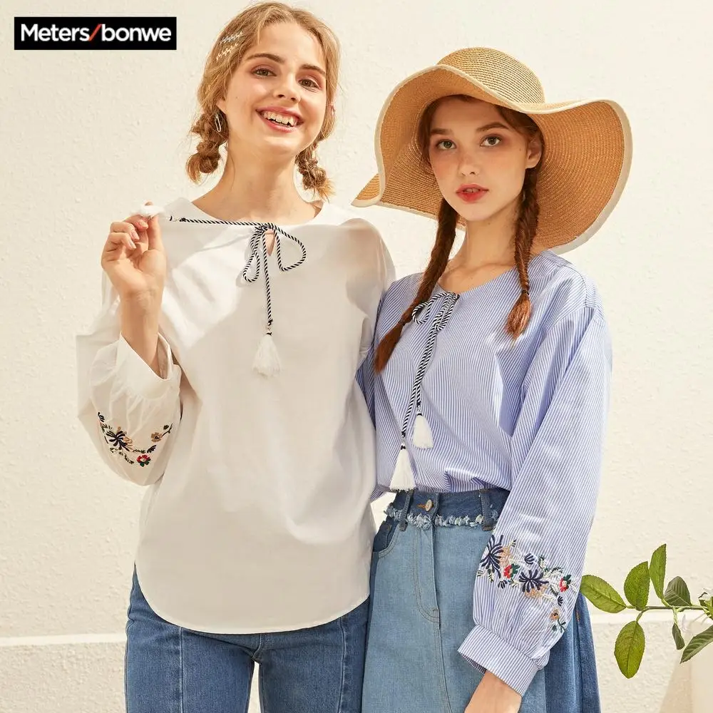Metersbonwe блузка с вышивкой рубашка длинным рукавом женские топы Модная хлопковая