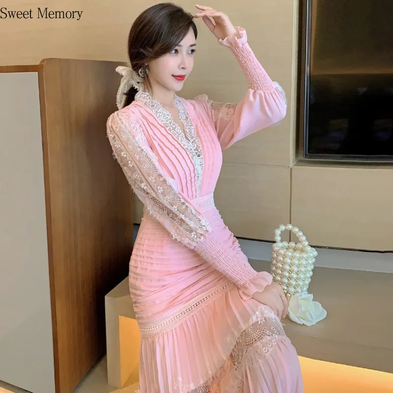 

2021 Elegant Women A-Line Embroidery Lace Black Pink White Evening Dresses Sweet Memory Party Dress Robe Long Sleeve Vestidos