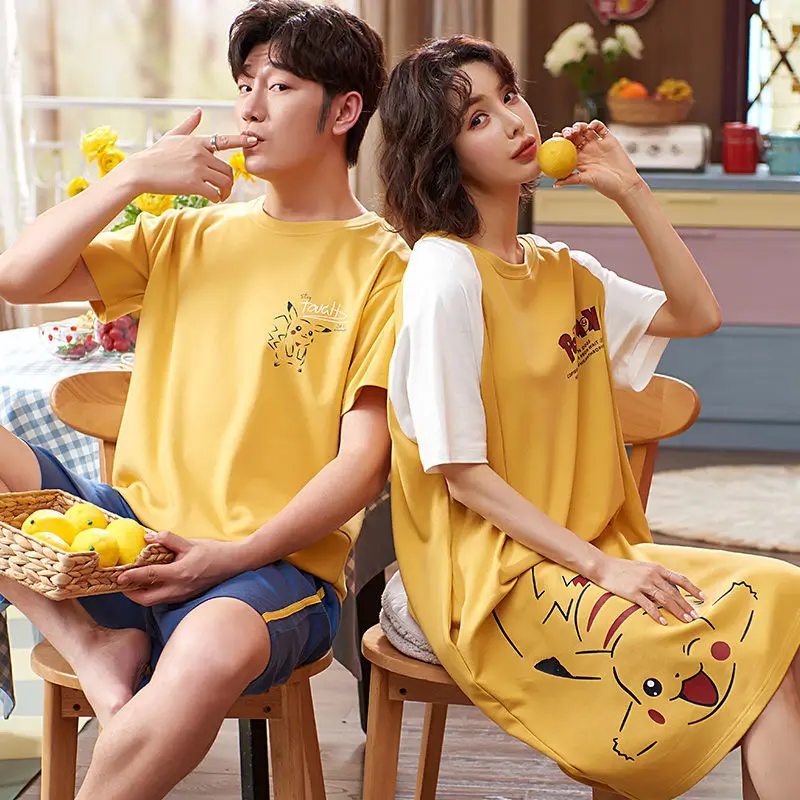 

2021 New Summer Night Dress Woman Nightgowns Couple Pajamas Homewear Cartoon Print Kawaii Sleepwear Home Suit for Lover Mujer