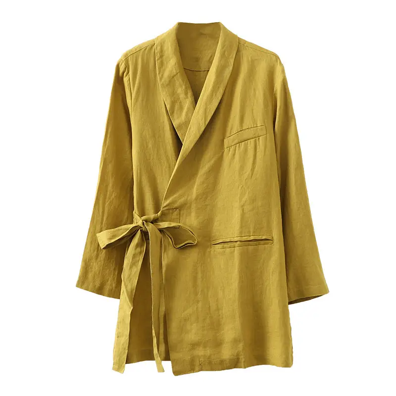 Женский жакет из хлопка и льна свободный блейзер с длинным рукавом шнуровкой в