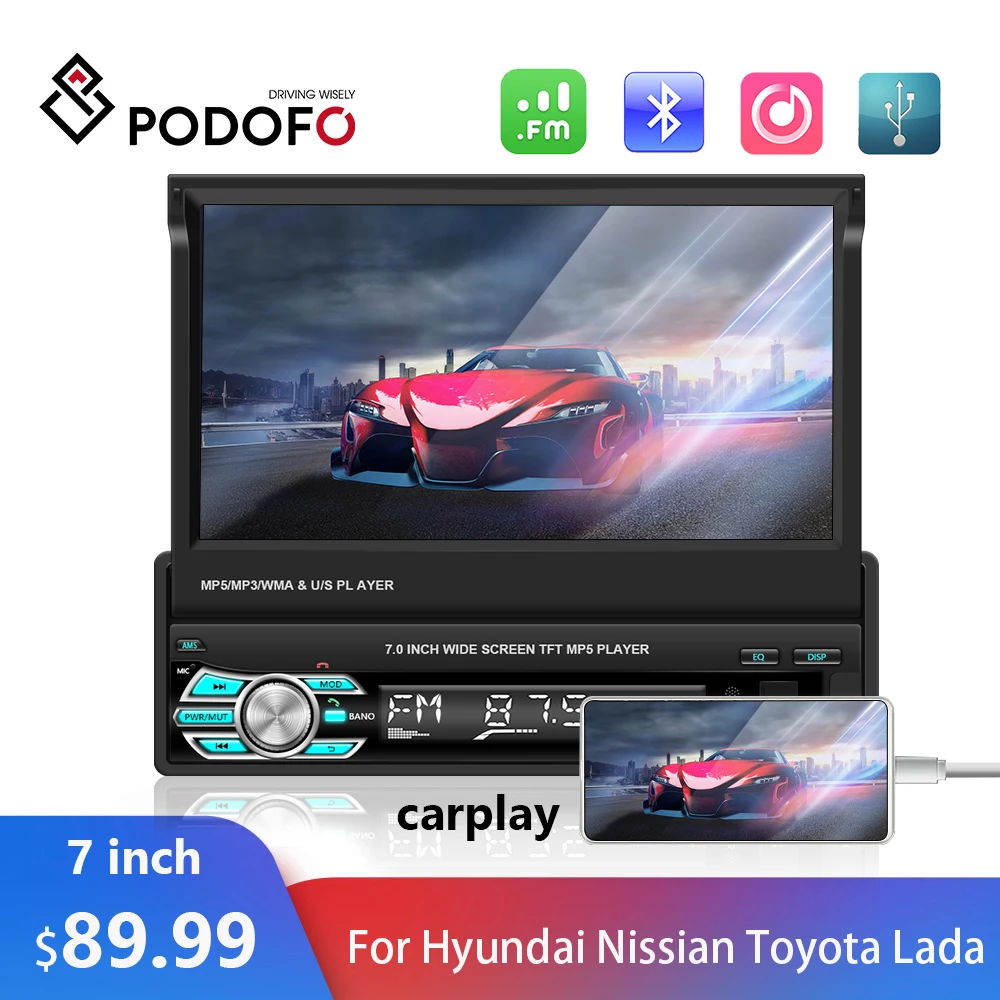 

Pododo Car Radio 1 Din Car Multimedia Player 7" HD Retractable Screen MP5 Player For Volkswagen Nissan 1 Din Universal Radio