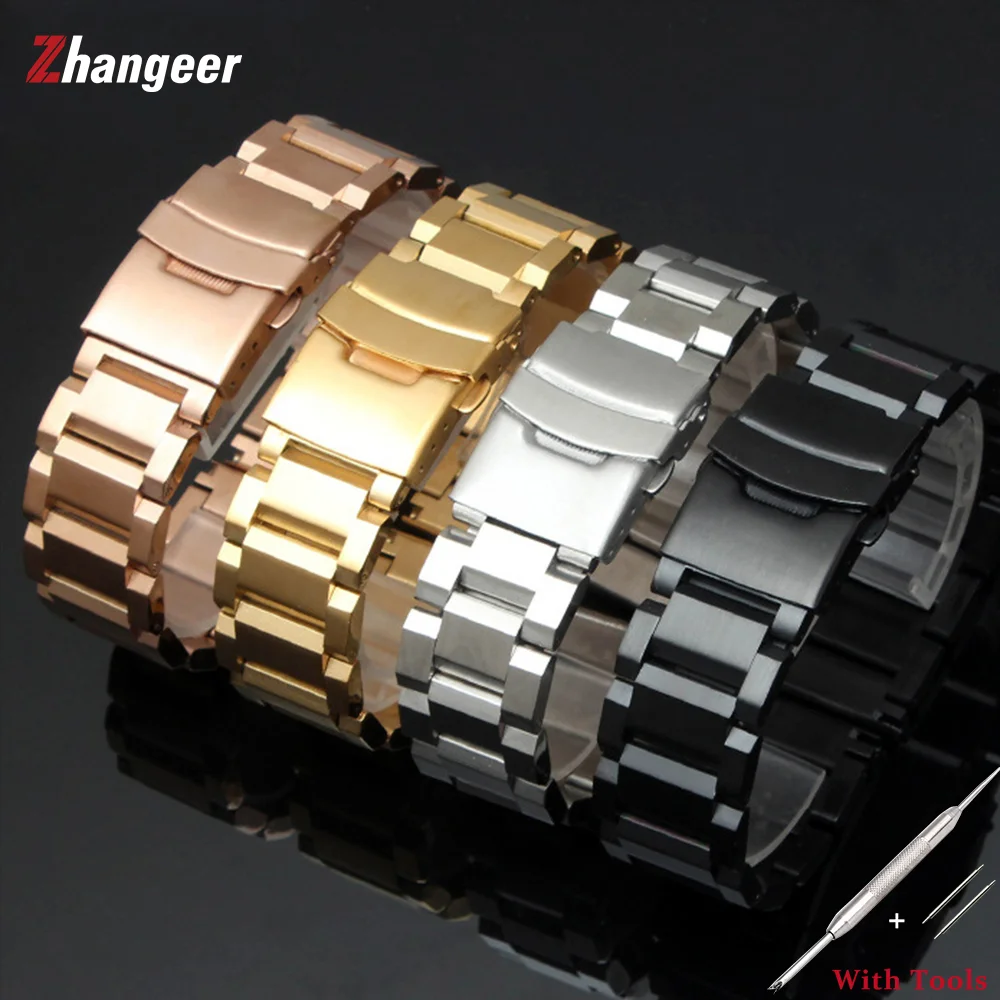 

High Quality Full Solid Stainless Steel Watchband Flat Interface Double Lock Buckle Metal Wristwatch Straps 18mm 20mm 22mm 24mm