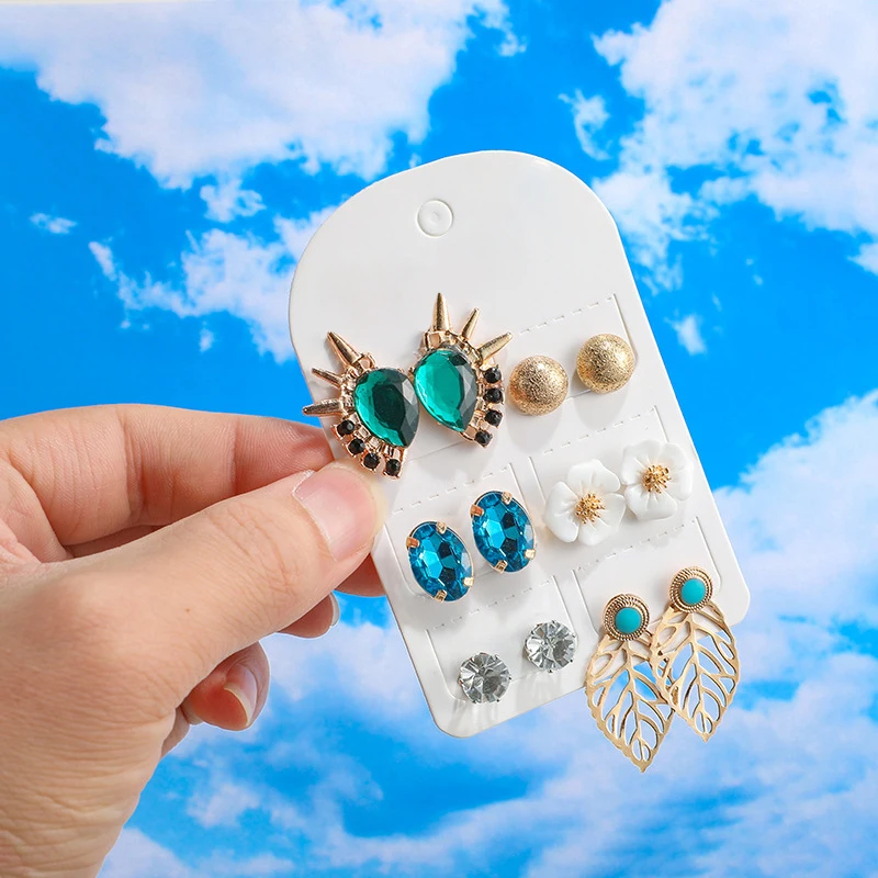 6 пар/уп. Набор шпилек для ушей женские цветочные листья из горного хрусталя