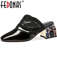 fedonas elegant crystal fashion women mules summer genuine leather newest thick heels pumps slingbacks party basic shoes woman