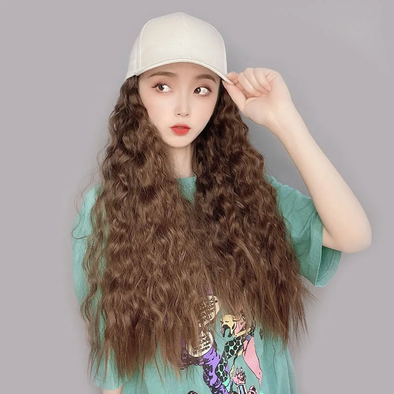 

Long synthetic baseball cap wig natural black/brown straight hair natural connection synthetic hat wig adjustable for girls