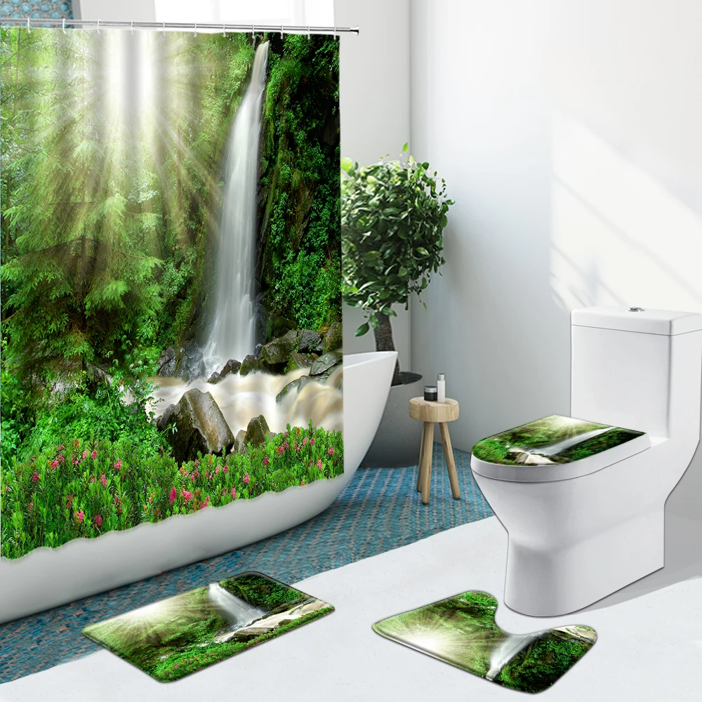 

Forest Landscape Shower Curtain Fabric Non-Slip Bath Mat Toilet Lid Cover Non-Slip Flannel Rug Waterfall Bathroom Home Decor Set