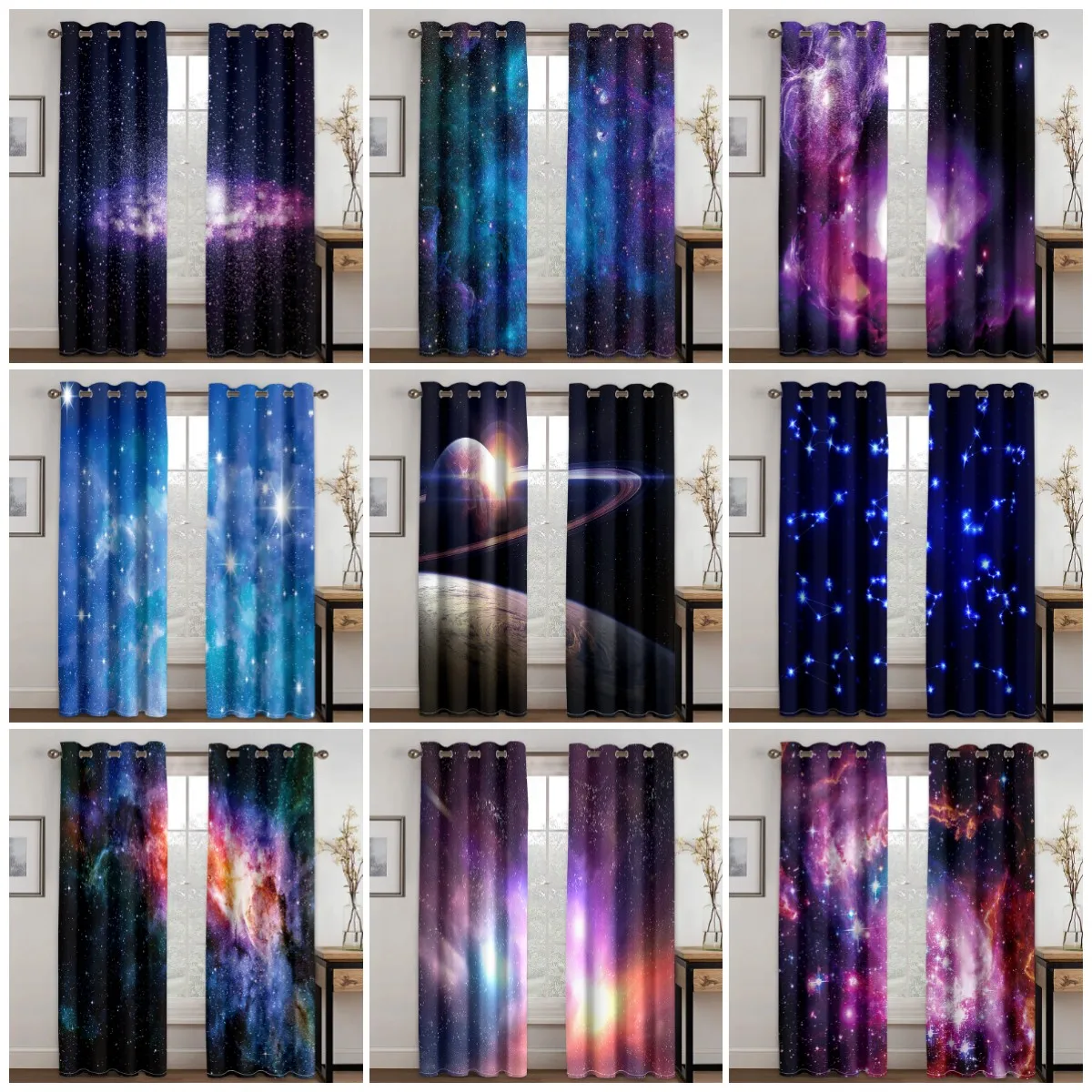 

Living Room Shading Decorative Curtain Starry Sky Planet Pattern Home Textile Decoration Bedroom Grommet Curtains