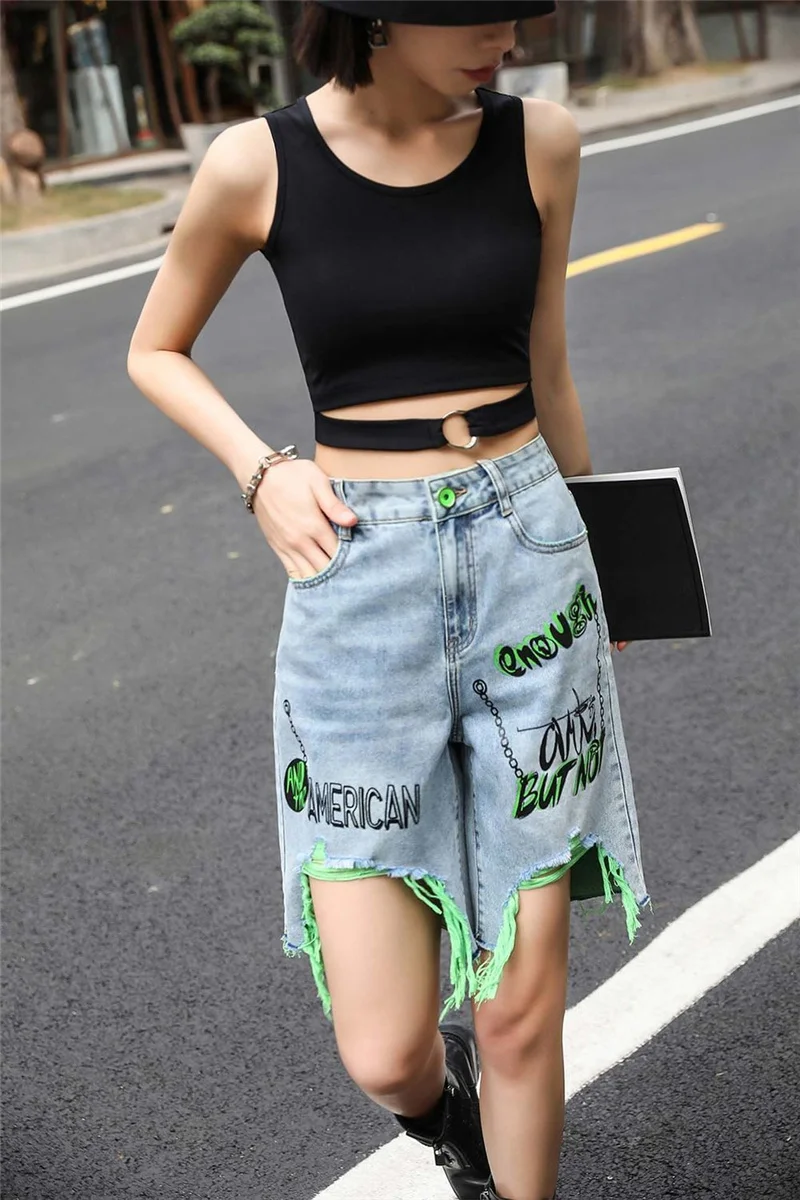 New Women Fashion Denim Shorts Letter Print Summer Casual Style Ripped Knee Length Jeans