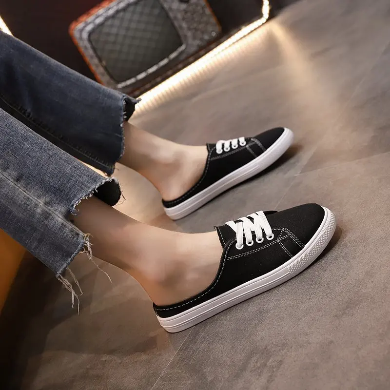 

2021 Women's Shoes Lace-up Half Slippers Canvas Casual Shoes New Fashion Shallow Flats Shoes All-match Comfort Women's Slippers