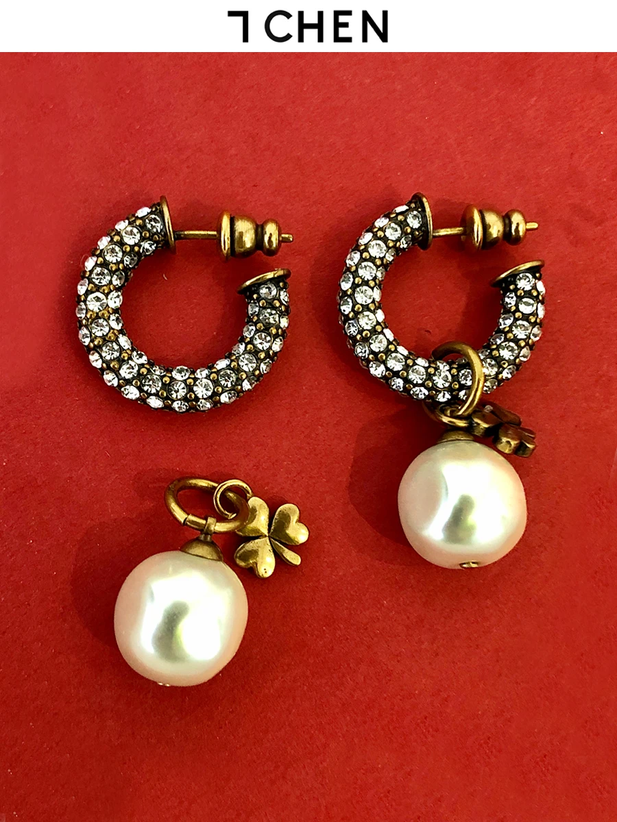 

Retro temperament pearl tassel European and American diamond earrings