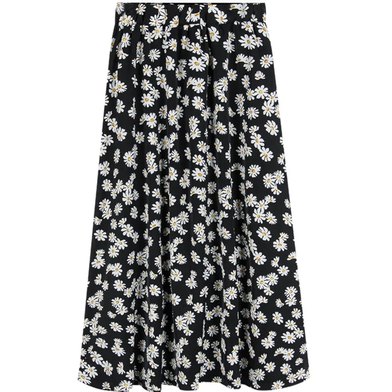 

2020 High-waisted Women Skirt Daisy Floral Print Skirt Mid-long Women's Summer A Line Chiffon Skirt