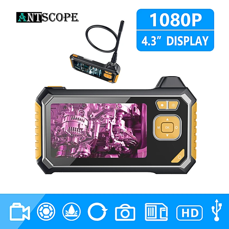 Antscope 1080P HD 8 мм промышленный эндоскоп 4,3 дюймов Авто Ремонт Инспекционная камера эндоскоп литиевая батарея змея твердая камера 19