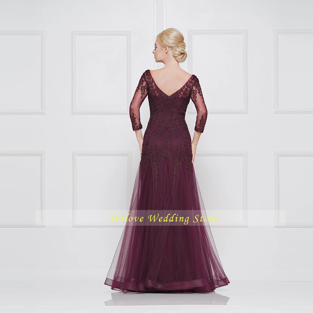 

2021 Summer Wedding Party Dresses For Woman Illusion 3/4 Sleeves Applique Floor Length Double V Neck Tulle Bride Mother Robes