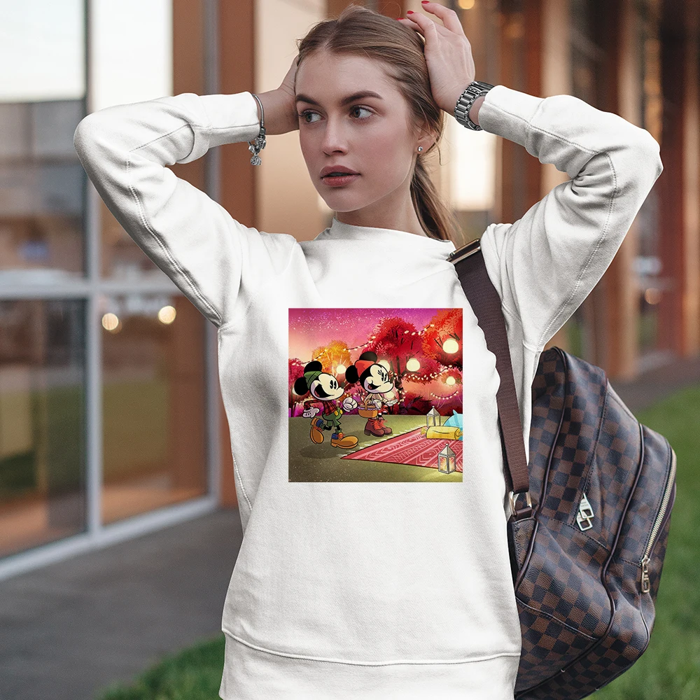 

Disney Women Hoodies Harajuku Cute Mickey and Minnie Picnic Cartoon Print Happy Fashion Sweatshirt Kpop Couples Matching