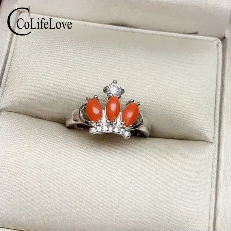 

CoLife Jewelry 925 Silver Red Coral Ring Silver Crown Ring with Coral 3 Pieces Natural Italian Red Coral Jewelry Gemstone Ring