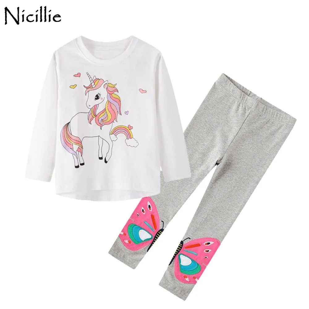 

Nicillie 2PCS Girls Clothing Sets Cotton Baby Cartoon Sweatshirts Pants Suit Long Sleeve Girls T-shirts With Butterfly Leggings