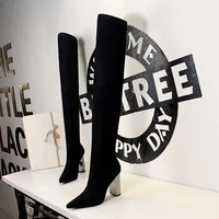 bigtree 2021 woman long boots knee high boots square metal heel high heeled pointy sexy elasticity thin suede boots