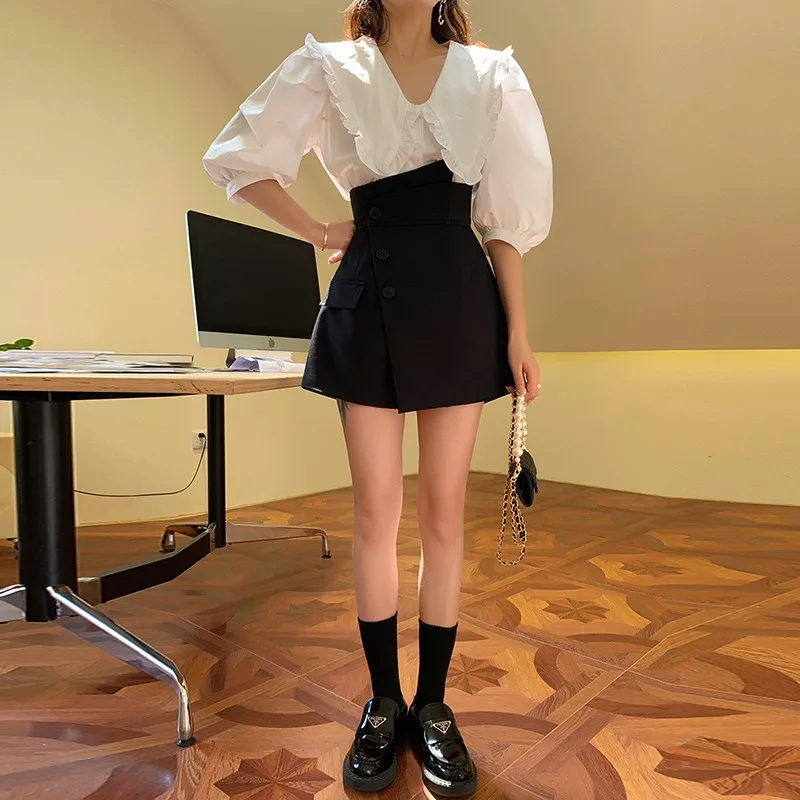 

CX 2021 New Summer Women Design Feels Irregular Fashion Short High Waist Wide Leg Fake Pocket Buttons Trends Short Skirt