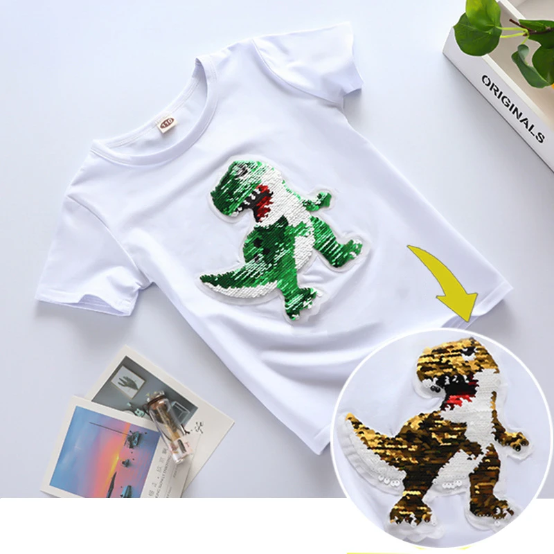 

Summer Girls T-shirt Boys Tees Double Sided Cartoon Pattern Sequined Kids Tops Clothes 2021 New Toddler Teens Children Clothing