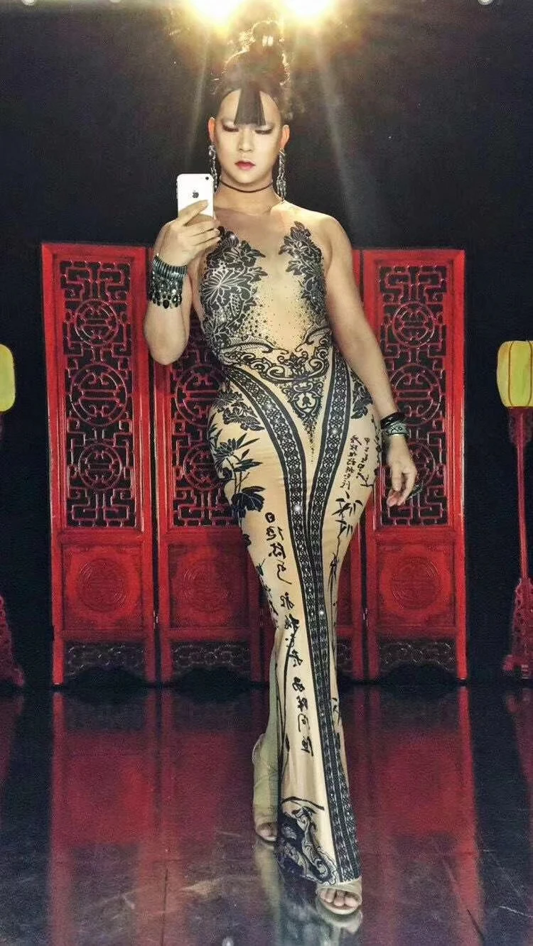 Длинное вечернее платье в китайском стиле с чернилами и стразами сексуальное