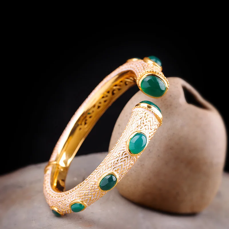 

Atmospheric National Style Hand Jewelry S925 Sterling Silver Women's Green Chalcedony Enamel Bracelet