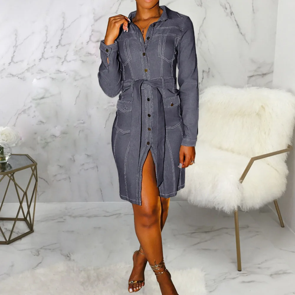 2020 джинсовое платье с длинным рукавом элегантное винтажное для офиса в