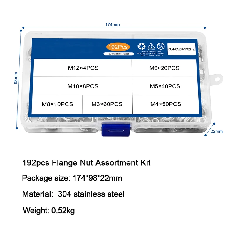 

192pcs Hexagon Flange Nuts Assortment Kit M3 M4 M5 M6 M8 M10 M12 304 Stainless Steel Metric Flange Nuts Set DIN6923