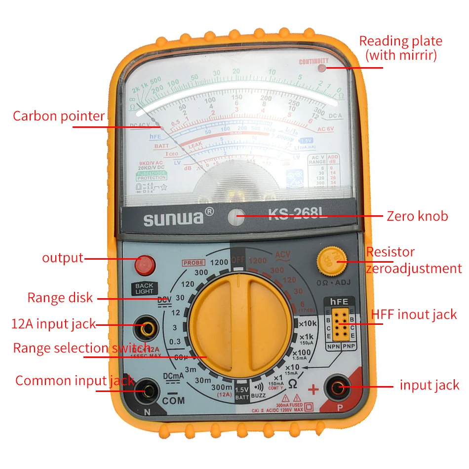 

KS-268L Analog Multimeter Handheld Multimeter ACA/12A ACV/DCV MAX1200V