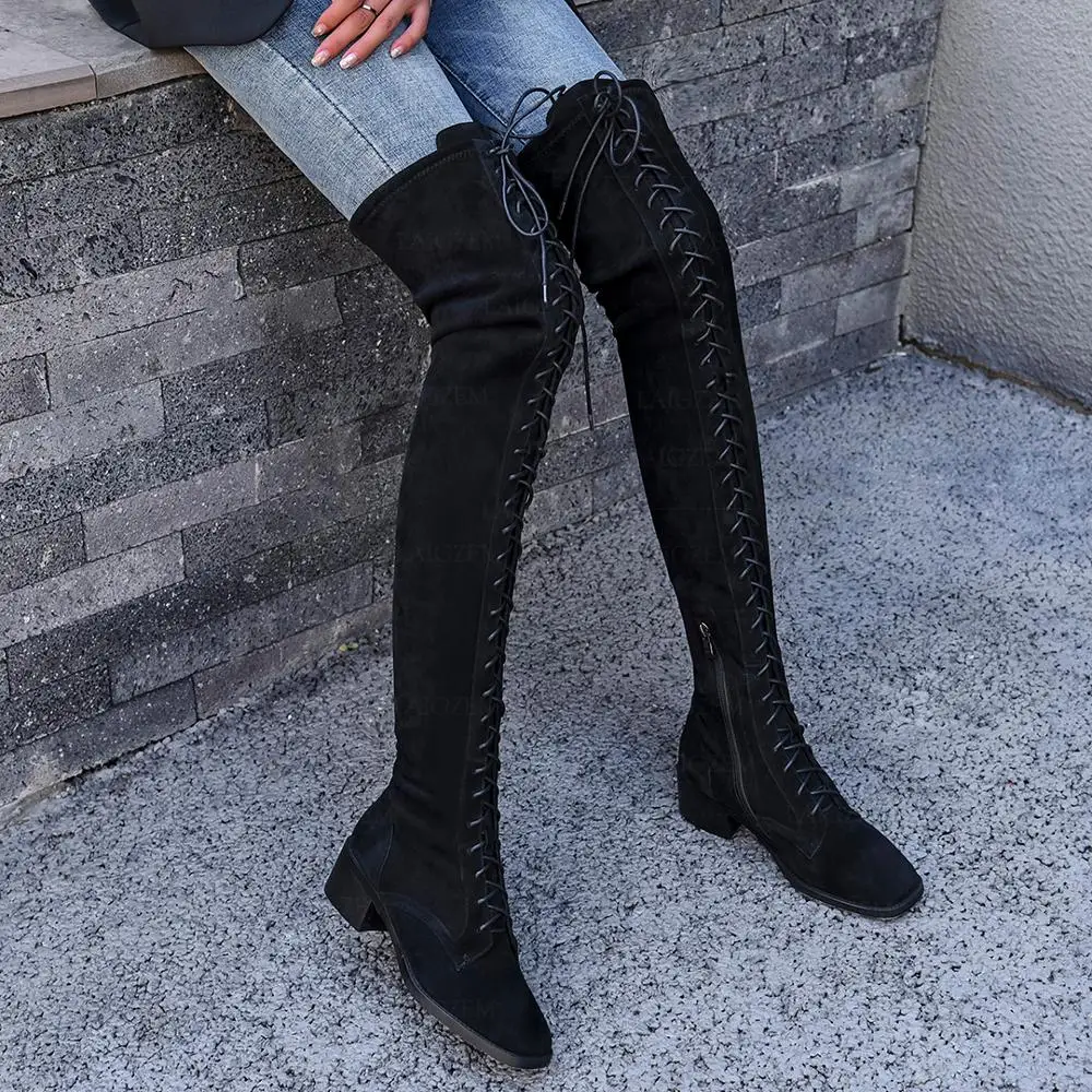 Женские сапоги на низком каблуке из замши шнуровке|Ботфорты| |