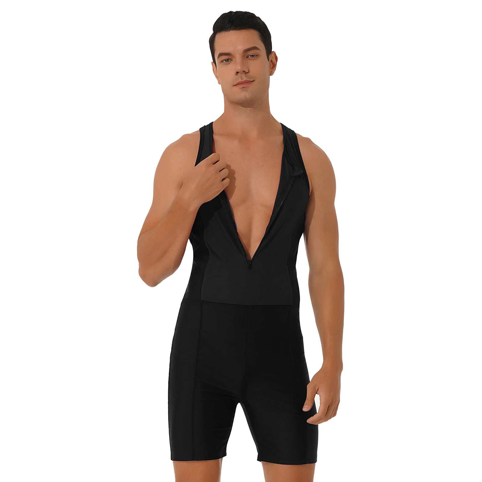Mens Bodysuit One Piece Swimwear Sleeveless Gymnastics Leotard Unitard Body Building Swimsuit Bathing Suit Beach Pool Surfing