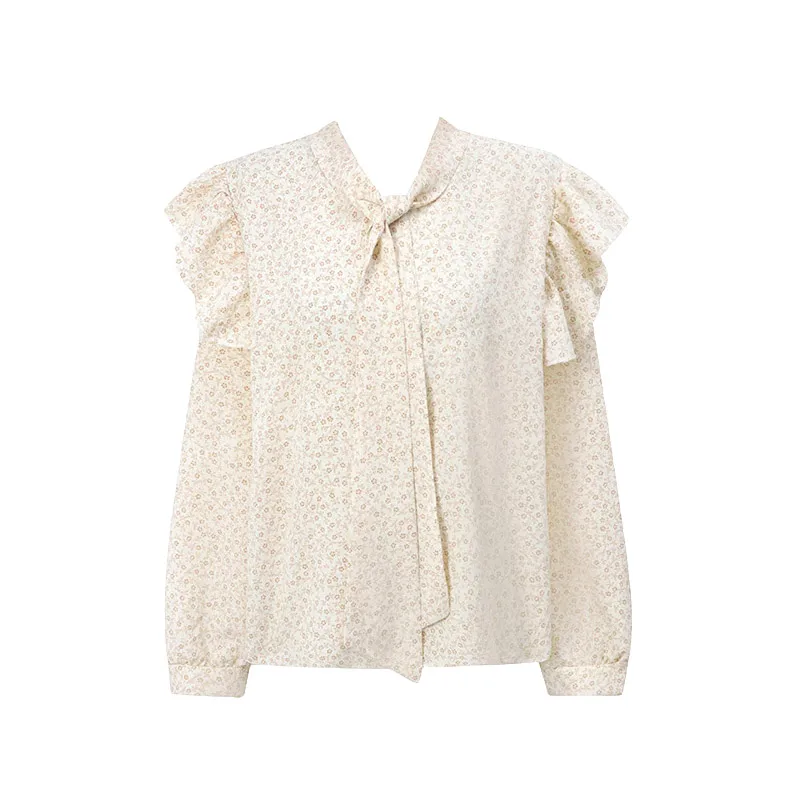 

ZAWAHIKI Korean Elegant Fashion Women's Shirt Spring 2021 O Neck Long Sleeve Ruffles Loose Tops Print Chiffon Blouse