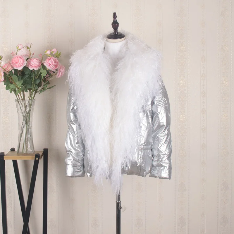 

Куртка женская зимняя на белом утином пуху, Парка свободного кроя с большим воротником из натурального меха ягненка, водонепроницаемая Гля...