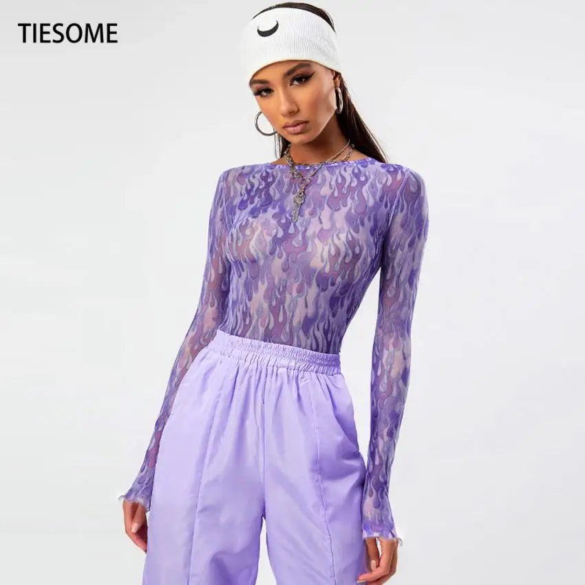 TIESOME 2021 Новая мода пламя печати короткое Сетчатое футболка с вырезом лодочкой для