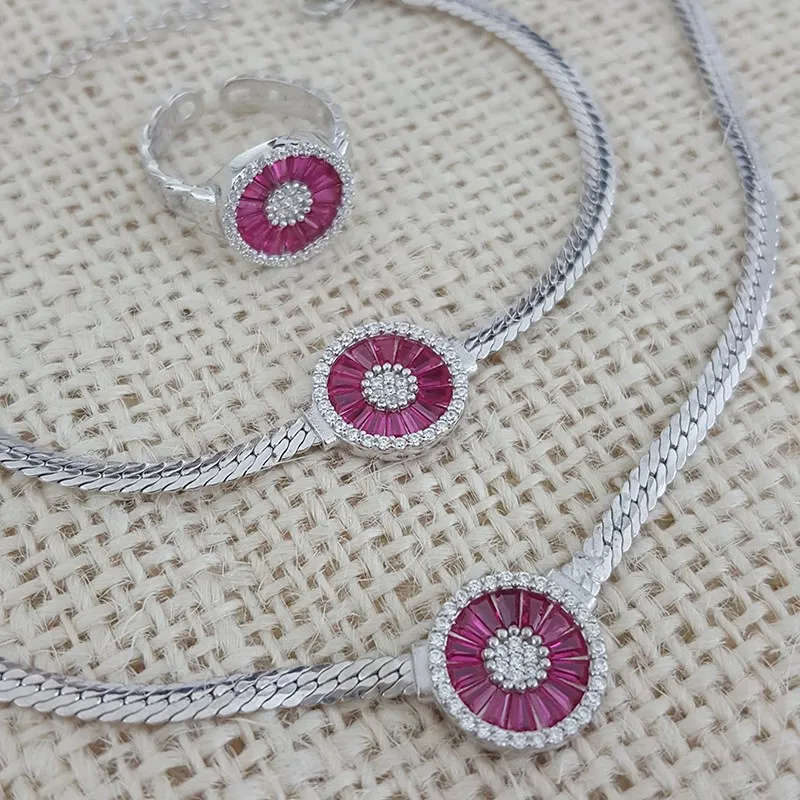 

Bridal Set 925 Silver Pink Baquette Stone Ring Bracelet Necklace Set Pinky Set