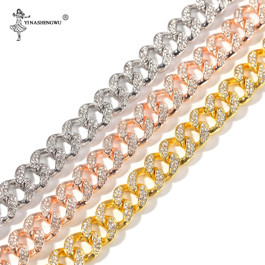 

13MM 1Set Iced Out Paved Rhinestones Gold Gold Full Miami Curb Cuban Chain CZ Bling Rapper Necklaces For Men Hip Hop Jewelry