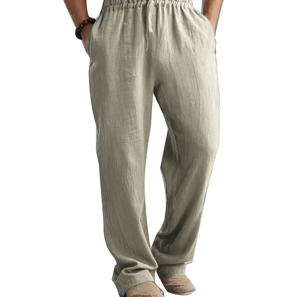 Мужские длинные брюки размера плюс из хлопка и льна свободные прямые с