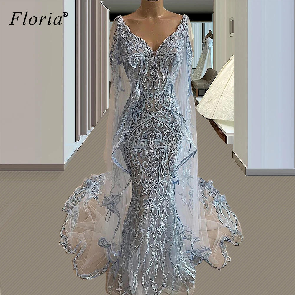 

2020 Plus Size Lace Prom Dresses With Cape Illusion Sexy Evening Dresses Women Party Night Turkish Couture Dubai Robe Longue