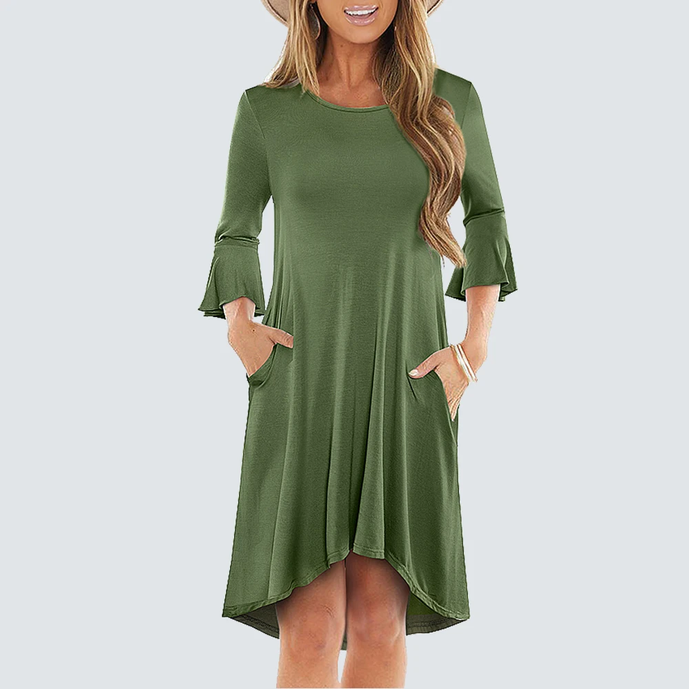 Платье женское однотонное с расклешенным рукавом шикарный Повседневный